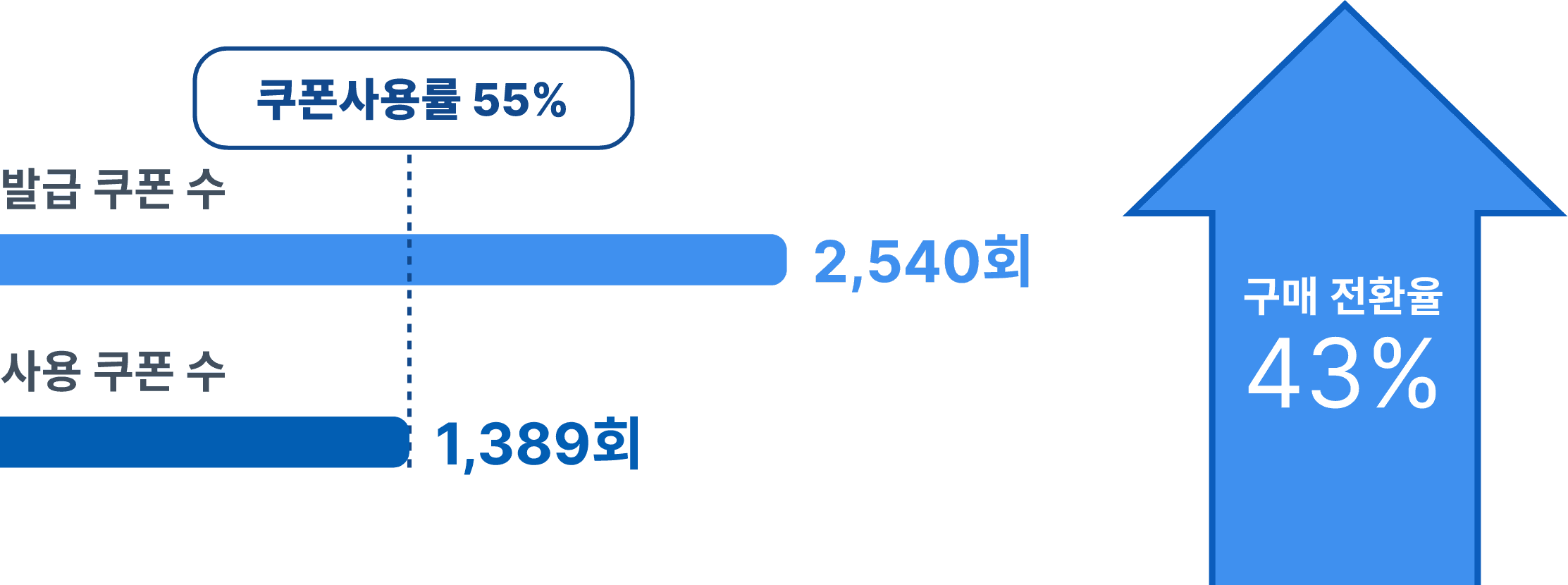 실제 고객사 효율 사례, 쿠폰 사용률 55%, 구매 전환율 43%